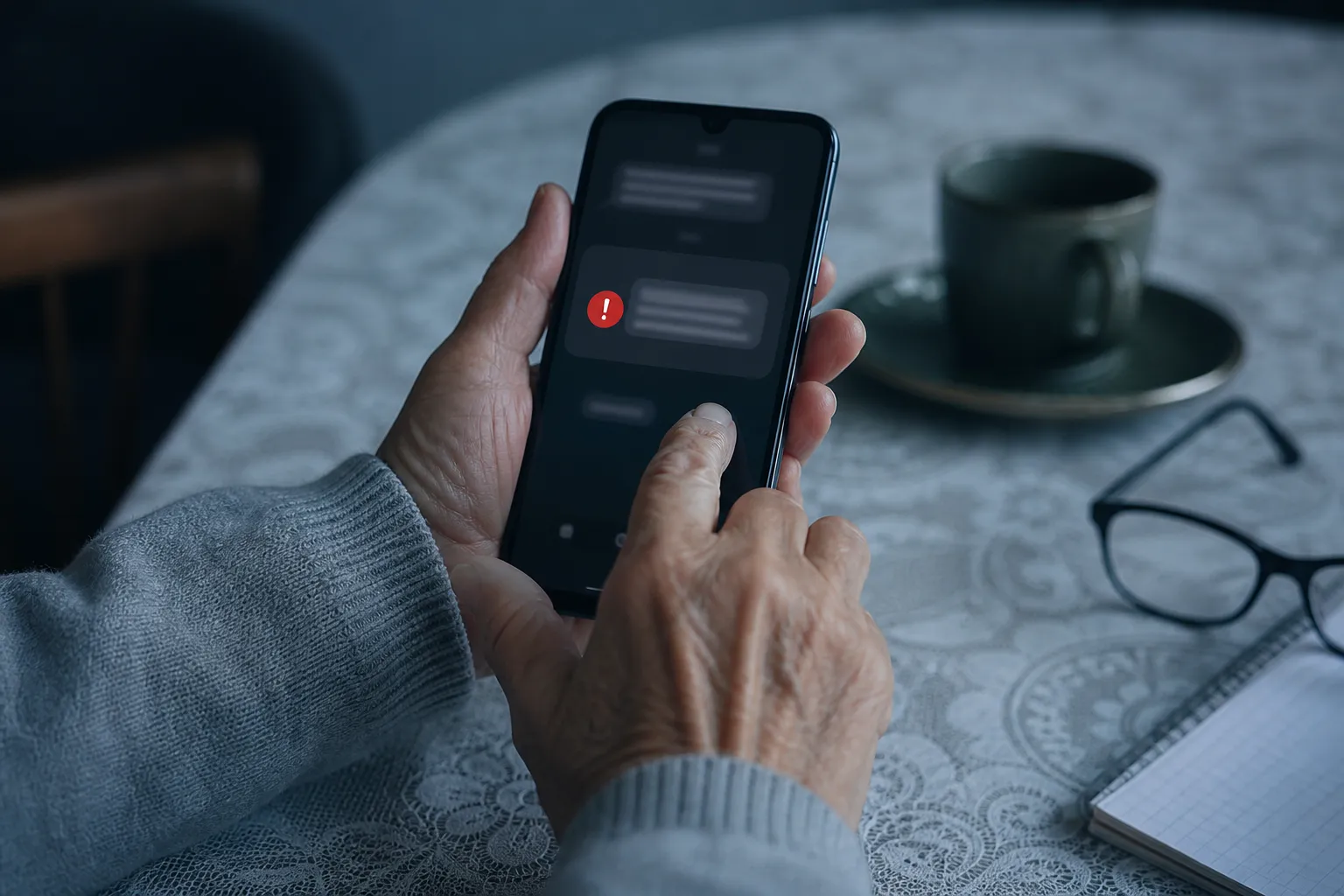 Dłonie starszej osoby trzymające smartfon z podejrzanym powiadomieniem SMS