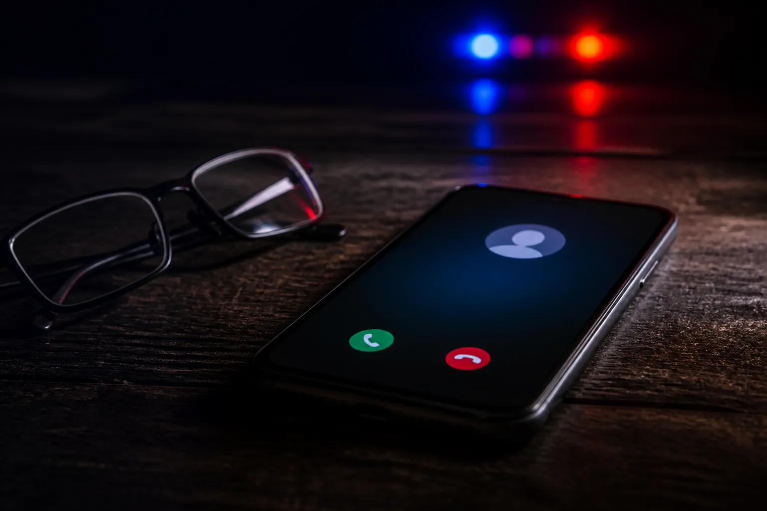 Telefon na stole podczas połączenia przychodzącego, w tle odbicia niebiesko-czerwonych świateł