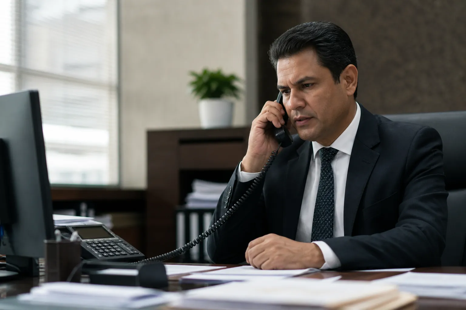 Mężczyzna w garniturze rozmawia przez telefon w biurze przypominającym bank