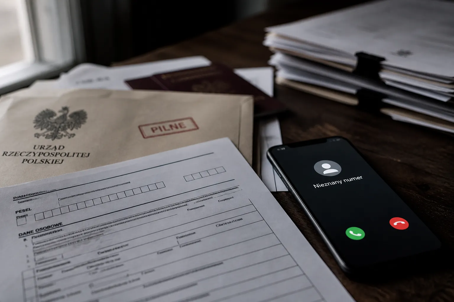 Dokumenty urzędowe i telefon z połączeniem przychodzącym na biurku